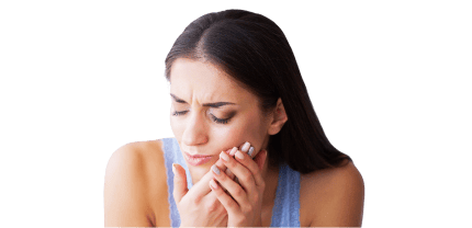 Woman experiencing tooth pain, pressing her jaw with both hands indicating a possible dental emergency.