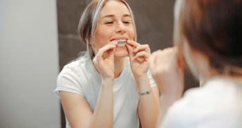 A woman putting on her clear aligners while looking in the mirror.