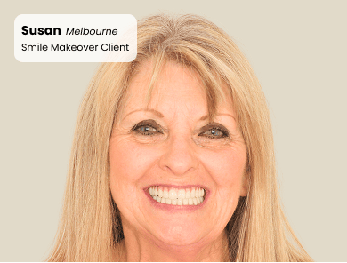 Smile makeover patient at Mulgrave Dental Group, beaming with confidence and showcasing a full set of natural-looking, beautifully restored teeth.