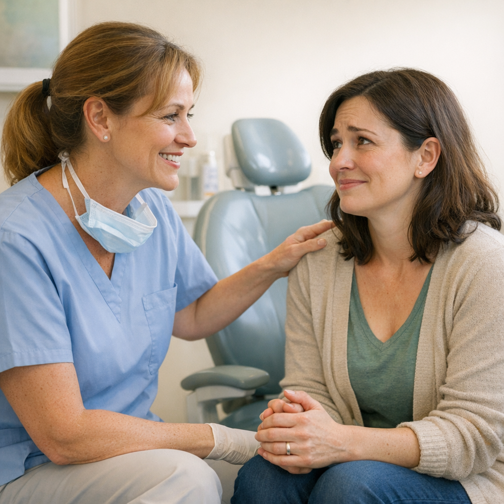 Warm Melbourne dentist reassuring an anxious adult patient in a treatment room.